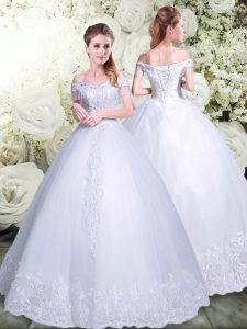 Captivating Off The Shoulder Sleeveless Lace Up Wedding Dresses White Tulle