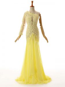 Light Yellow Chiffon and Tulle Side Zipper One Shoulder Sleeveless Floor Length Evening Dress Lace and Appliques