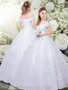 White Ball Gowns Appliques and Hand Made Flower Wedding Dresses Lace Up Tulle Sleeveless Floor Length