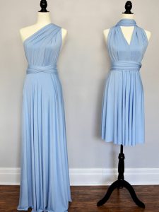 Ideal Sleeveless Chiffon Floor Length Lace Up Bridesmaid Gown in Light Blue with Ruching
