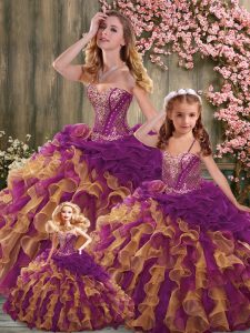 Beading and Ruffles 15th Birthday Dress Multi-color Lace Up Sleeveless Brush Train