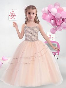 Hot Selling Sleeveless Floor Length Beading Lace Up Little Girl Pageant Gowns with Peach