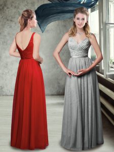 Delicate Red and Grey Sleeveless Floor Length Ruching Backless Dama Dress for Quinceanera
