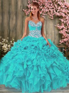 Perfect Sleeveless Floor Length Beading and Ruffles Lace Up Quinceanera Dresses with Turquoise