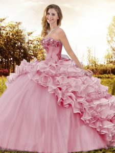 Classical Pink Sleeveless Organza Brush Train Lace Up Quinceanera Gowns for Sweet 16 and Quinceanera