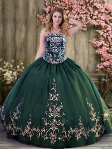 Embroidery Ball Gown Prom Dress Dark Green Lace Up Sleeveless Floor Length