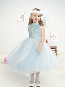 Hot Sale Light Blue Ball Gowns High-neck Cap Sleeves Tulle Tea Length Zipper Beading and Belt Toddler Flower Girl Dress