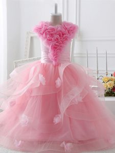 Perfect Baby Pink Tulle Zipper High-neck Sleeveless Floor Length Girls Pageant Dresses Ruffles and Hand Made Flower
