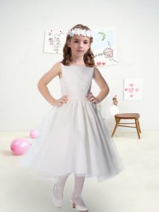 High End White A-line Lace Flower Girl Dress Zipper Tulle Sleeveless Tea Length