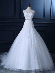 Luxury Sleeveless Court Train Lace Up Beading and Lace Wedding Gowns