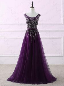 Eggplant Purple Prom Party Dress Prom and Party with Appliques and Embroidery Scoop Sleeveless Sweep Train Zipper