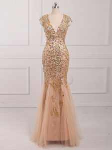 High Quality Champagne Prom Evening Gown Prom and Military Ball and Sweet 16 with Beading V-neck Cap Sleeves Backless