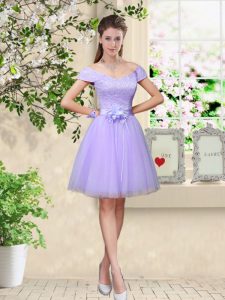 Cap Sleeves Lace Up Knee Length Lace and Belt Bridesmaids Dress