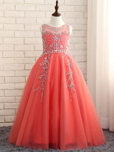 Glorious Floor Length Watermelon Red Pageant Gowns For Girls Scoop Sleeveless Zipper