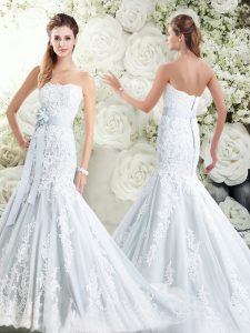 Light Blue Sleeveless Lace and Belt Clasp Handle Bridal Gown