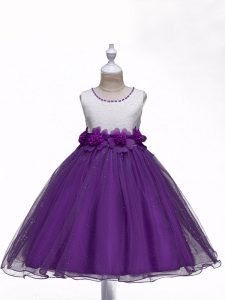 Customized Purple Zipper Pageant Gowns For Girls Lace and Hand Made Flower Sleeveless Knee Length