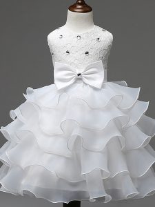 Sleeveless Knee Length Lace and Ruffled Layers and Bowknot Zipper Pageant Gowns For Girls with White