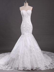 White Wedding Dresses Wedding Party with Lace Sweetheart Sleeveless Court Train Lace Up