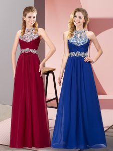 Dynamic Sleeveless Chiffon Floor Length Backless Prom Dress in Wine Red with Beading
