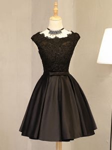 Customized Black A-line Scoop Sleeveless Satin Mini Length Zipper Lace and Appliques Evening Dress