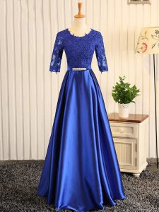 Dazzling Floor Length A-line Half Sleeves Blue Prom Evening Gown Zipper