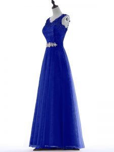Customized Royal Blue Tulle Zipper V-neck Sleeveless Floor Length Homecoming Dress Beading and Lace