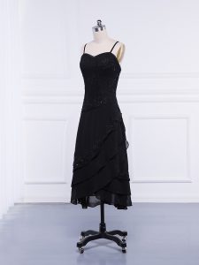Discount Black Sleeveless Lace and Appliques Tea Length Mother of Groom Dress