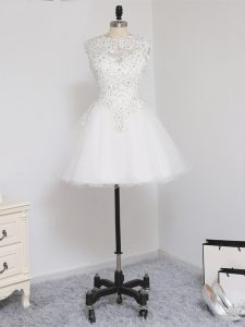 White Homecoming Dress Prom and Party and Sweet 16 with Beading and Lace and Appliques Scoop Sleeveless Zipper