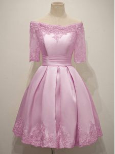 Cheap Lilac A-line Taffeta Off The Shoulder Half Sleeves Lace Knee Length Lace Up Bridesmaid Dresses