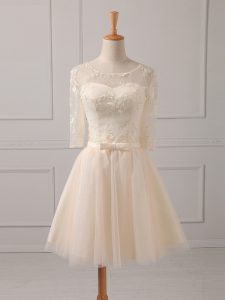 Mini Length Champagne Quinceanera Court of Honor Dress Tulle Half Sleeves Lace and Belt