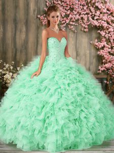 Inexpensive Sleeveless Organza Floor Length Lace Up Sweet 16 Dress in Apple Green with Beading and Ruffles
