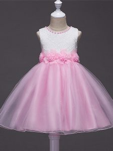 Low Price Baby Pink Sleeveless Lace and Hand Made Flower Knee Length Kids Pageant Dress