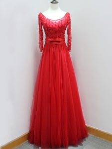 Backless Evening Dresses Red for Prom and Military Ball and Sweet 16 with Beading and Belt Brush Train
