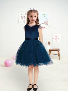 Navy Blue Organza Zipper Toddler Flower Girl Dress Cap Sleeves Knee Length Beading and Appliques and Belt
