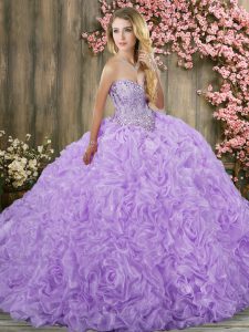 Comfortable Lavender Fabric With Rolling Flowers Lace Up Sweetheart Sleeveless Quinceanera Gowns Brush Train Beading