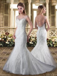 Scoop Sleeveless Wedding Gown Sweep Train Beading and Appliques and Embroidery White Organza