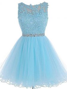 Romantic Baby Blue Prom Gown Prom and Party and Sweet 16 with Beading and Lace and Appliques Scoop Sleeveless Zipper