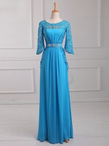 Baby Blue Empire Scoop 3 4 Length Sleeve Chiffon Floor Length Zipper Beading and Lace and Belt Mother of the Bride Dress