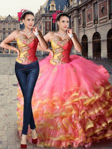 Luxury Court Train Two Pieces Quince Ball Gowns Coral Red Sweetheart Organza Sleeveless Lace Up