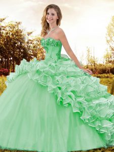 Classical Apple Green Sweetheart Lace Up Beading and Ruffles Sweet 16 Quinceanera Dress Sweep Train Sleeveless