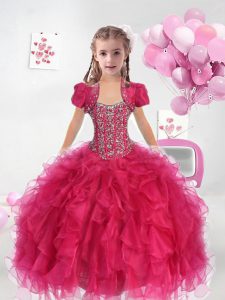 Fuchsia Lace Up Little Girls Pageant Dress Wholesale Beading and Ruffles Sleeveless Floor Length