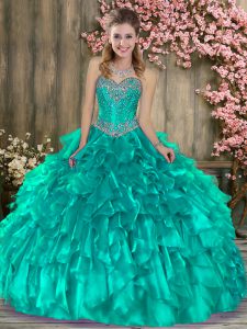 Sexy Turquoise Organza Lace Up Quinceanera Dress Sleeveless Floor Length Beading and Ruffles