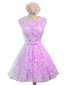 Sexy Lilac Vestidos de Damas Prom and Party and Wedding Party with Belt Scoop Sleeveless Lace Up