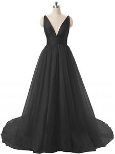 Sumptuous Sweep Train A-line Prom Party Dress Black V-neck Organza Sleeveless Backless