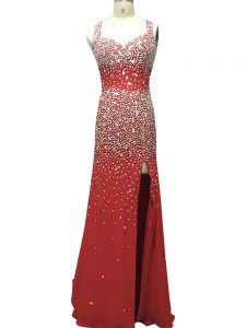 Glorious Burgundy Evening Dress Prom and Party and Military Ball and Sweet 16 with Beading Straps Sleeveless Brush Train