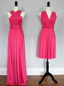 Elegant Hot Pink Chiffon Lace Up Bridesmaid Dresses Sleeveless Floor Length Ruching