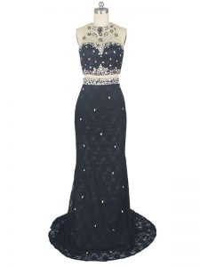 Popular Black Lace Zipper High-neck Sleeveless Prom Evening Gown Brush Train Beading and Lace