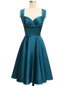 Sleeveless Taffeta Knee Length Lace Up Bridesmaid Dresses in Teal with Ruching