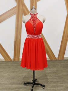 Halter Top Sleeveless Dress for Prom Beading and Ruching Coral Red Chiffon