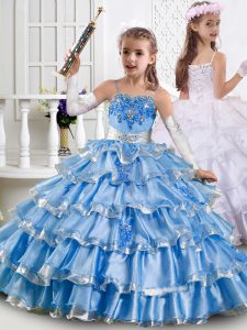 Straps Sleeveless Lace Up Little Girls Pageant Gowns Light Blue Organza